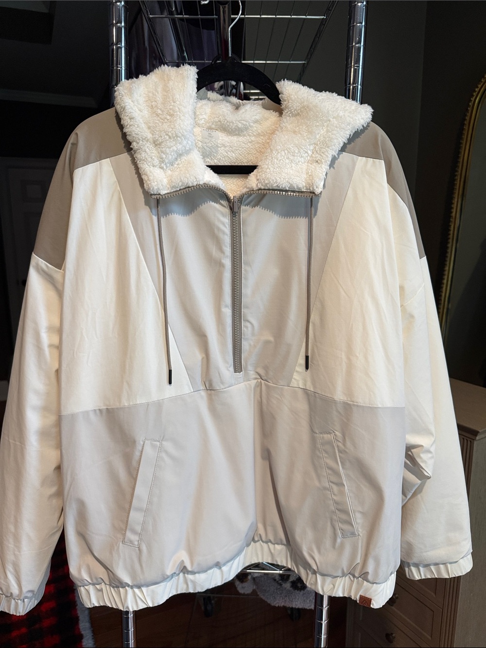 Women's Cream with a neutral gray brown color blocking, Sherpa-Lined Jacket